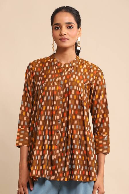 Ritu Kumar_Brown Cotton Mandarin Collar Ikat Print Shirt_at_Aza_Fashions