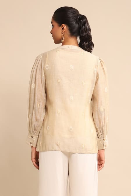 Shop Ritu Kumar Beige Viscose, Linen Embroidery Round Neck Geometric Pattern Shirt at Aza Fashions Shop_Ritu Kumar_Beige Viscose, Linen Embroidery Round Neck Geometric Pattern Shirt_at_Aza_Fashions