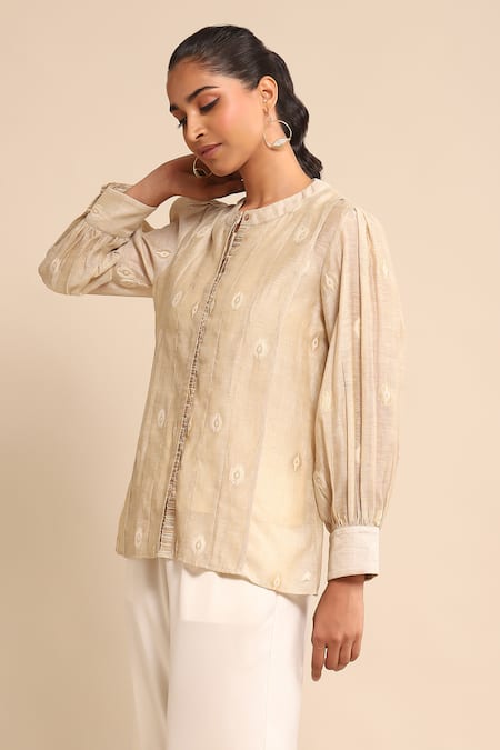 Buy Ritu Kumar Beige Viscose, Linen Embroidery Round Neck Geometric Pattern Shirt Online at Aza Fashions Buy_Ritu Kumar_Beige Viscose, Linen Embroidery Round Neck Geometric Pattern Shirt_Online_at_Aza_Fashions