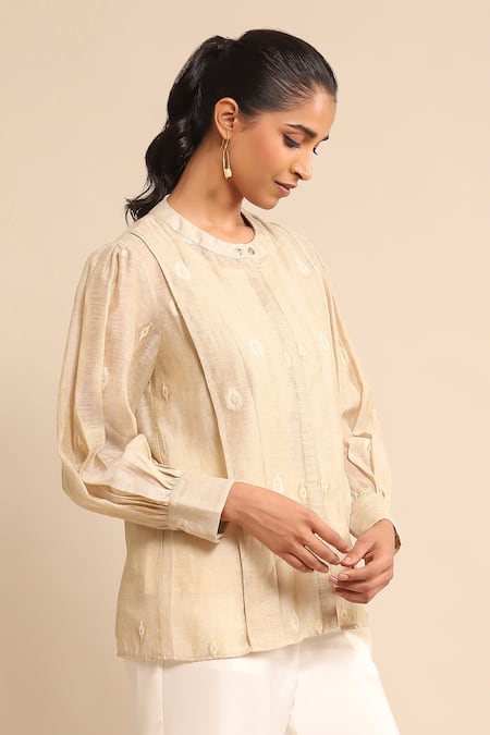 Shop Ritu Kumar Beige Viscose, Linen Embroidery Round Neck Geometric Pattern Shirt Online at Aza Fashions Shop_Ritu Kumar_Beige Viscose, Linen Embroidery Round Neck Geometric Pattern Shirt_Online_at_Aza_Fashions