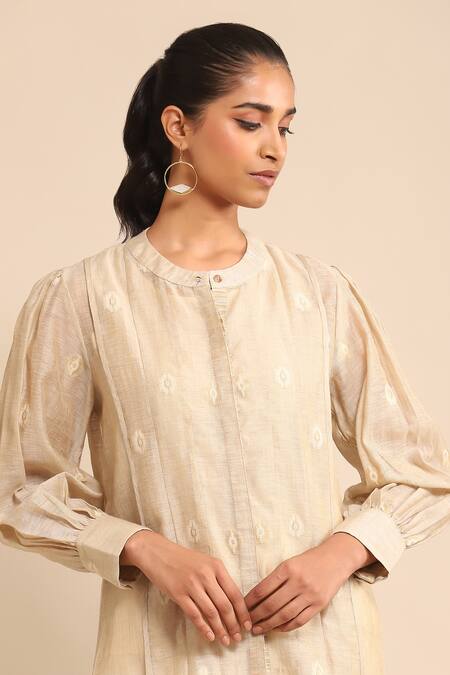 Ritu Kumar Beige Viscose, Linen Embroidery Round Neck Geometric Pattern Shirt at Aza Fashions Ritu Kumar_Beige Viscose, Linen Embroidery Round Neck Geometric Pattern Shirt_at_Aza_Fashions