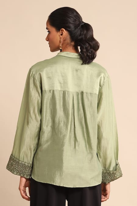 Shop_Ritu Kumar_Green Cotton, Silk Embroidery Collared And Shirt _at_Aza_Fashions