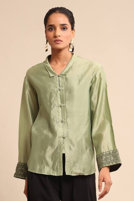 Ritu Kumar_Green Cotton, Silk Embroidery Collared And Shirt _Online_at_Aza_Fashions