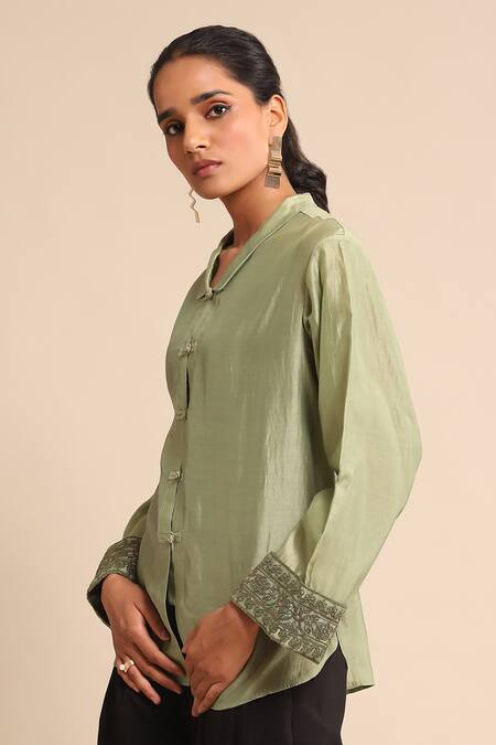 Buy_Ritu Kumar_Green Cotton, Silk Embroidery Collared And Shirt _Online_at_Aza_Fashions