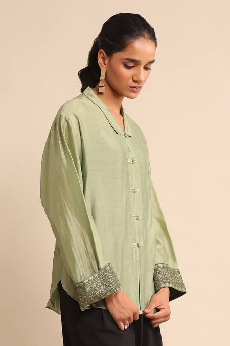 Shop_Ritu Kumar_Green Cotton, Silk Embroidery Collared And Shirt _Online_at_Aza_Fashions