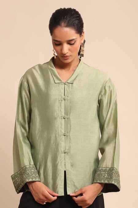 Ritu Kumar_Green Cotton, Silk Embroidery Collared And Shirt _at_Aza_Fashions