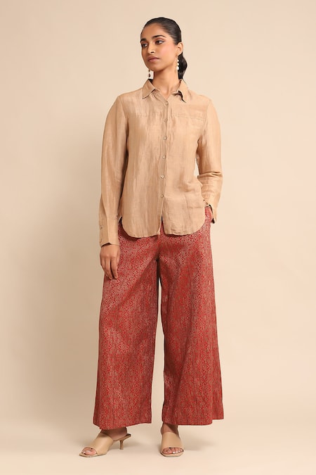 Ritu Kumar Beige 68% Polyester Plain Collared Neck High Low Hem Shirt 