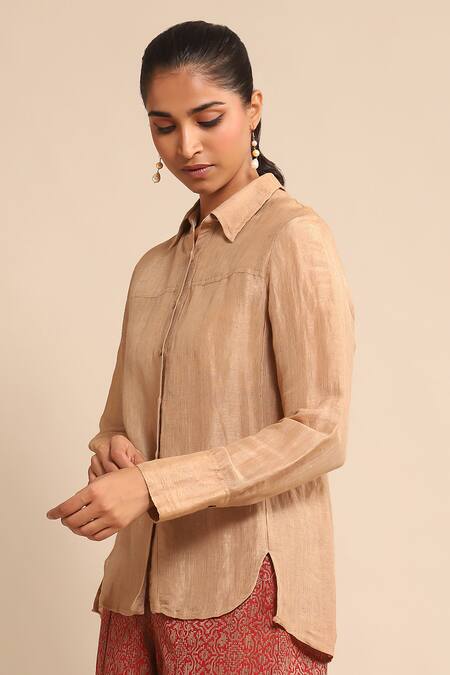 Ritu Kumar_Beige Polyester, Lurex Collared High Low Hem Shirt_Online_at_Aza_Fashions