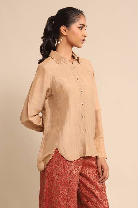 Buy_Ritu Kumar_Beige Polyester, Lurex Collared High Low Hem Shirt_Online_at_Aza_Fashions