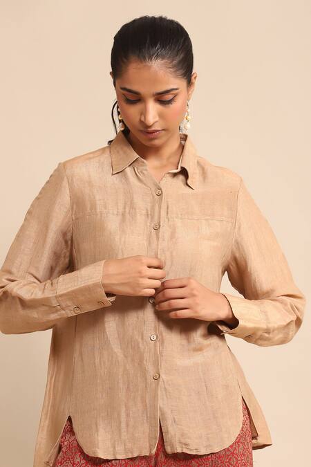Shop_Ritu Kumar_Beige Polyester, Lurex Collared High Low Hem Shirt_Online_at_Aza_Fashions
