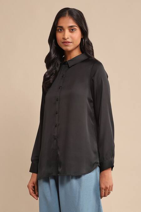 Buy_Ritu Kumar_Black Polyester Collared Plain Shirt_Online_at_Aza_Fashions