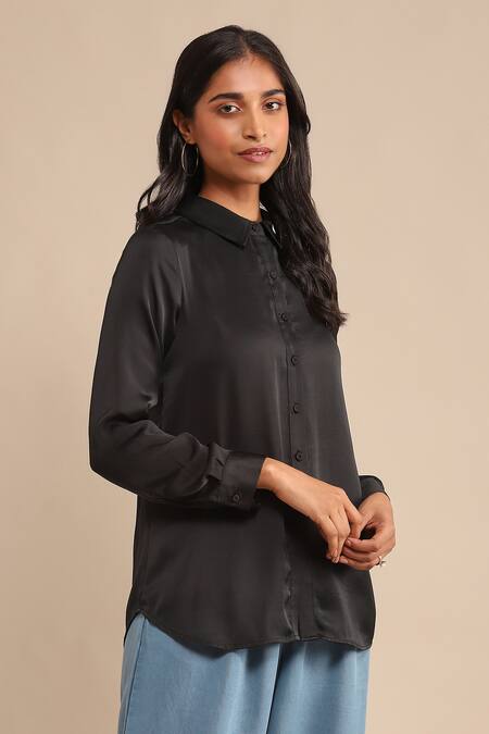 Shop_Ritu Kumar_Black Polyester Collared Plain Shirt_Online_at_Aza_Fashions