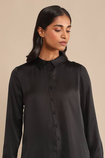 Ritu Kumar_Black Polyester Collared Plain Shirt_at_Aza_Fashions