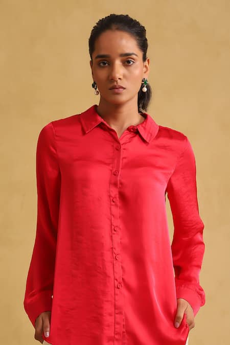 Ritu Kumar_Pink Polyester Collared Full Sleeve Plain Shirt_at_Aza_Fashions