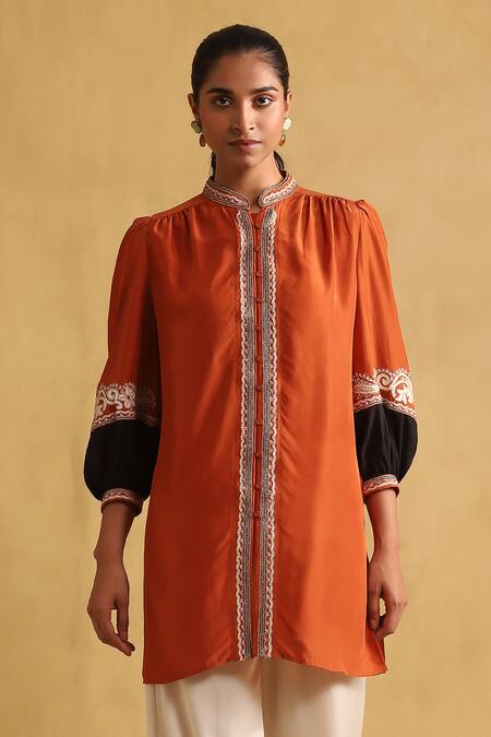 Ritu Kumar_Orange Viscose Embroidery Mandarin Collar Placement Shirt_Online_at_Aza_Fashions
