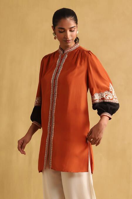 Buy_Ritu Kumar_Orange Viscose Embroidery Mandarin Collar Placement Shirt_Online_at_Aza_Fashions