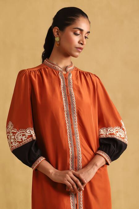 Ritu Kumar_Orange Viscose Embroidery Mandarin Collar Placement Shirt_at_Aza_Fashions
