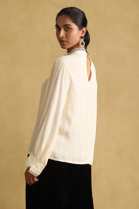 Shop Ritu Kumar Off White Viscose Lace Embroidered Placket Blouse at Aza Fashions Shop_Ritu Kumar_Off White Viscose Lace Embroidered Placket Blouse_at_Aza_Fashions