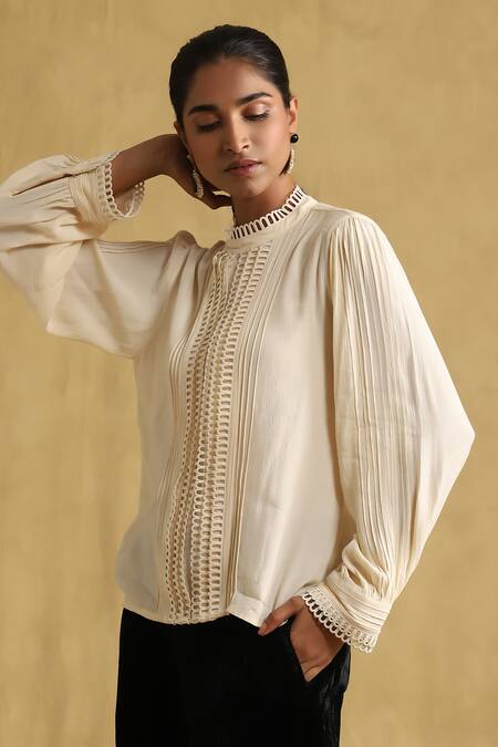 Buy Ritu Kumar Off White Viscose Lace Embroidered Placket Blouse Online at Aza Fashions Buy_Ritu Kumar_Off White Viscose Lace Embroidered Placket Blouse_Online_at_Aza_Fashions