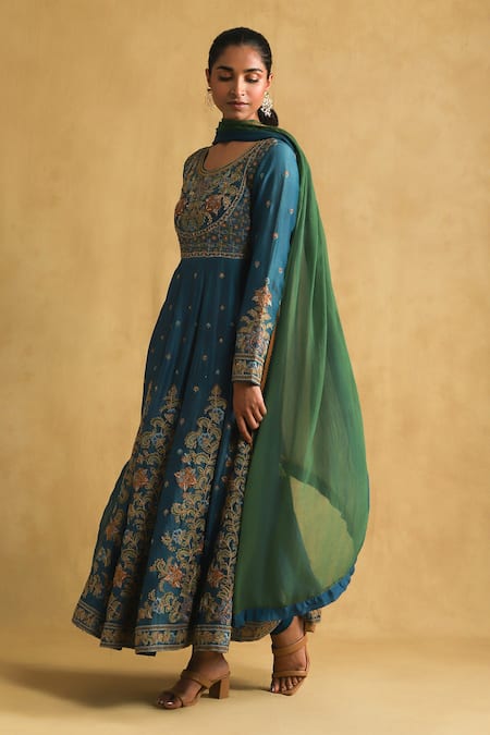 Ritu Kumar Blue Cotton, Silk, Chiffon Embroidery Round Neck Floral Vine Anarkali Set Online at Aza Fashions Ritu Kumar_Blue Cotton, Silk, Chiffon Embroidery Round Neck Floral Vine Anarkali Set _Online_at_Aza_Fashions