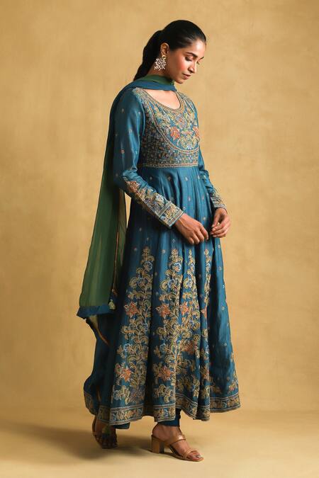 Buy Ritu Kumar Blue Cotton, Silk, Chiffon Embroidery Round Neck Floral Vine Anarkali Set Online at Aza Fashions Buy_Ritu Kumar_Blue Cotton, Silk, Chiffon Embroidery Round Neck Floral Vine Anarkali Set _Online_at_Aza_Fashions