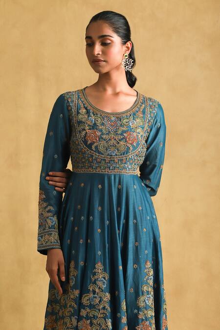 Shop Ritu Kumar Blue Cotton, Silk, Chiffon Embroidery Round Neck Floral Vine Anarkali Set Online at Aza Fashions Shop_Ritu Kumar_Blue Cotton, Silk, Chiffon Embroidery Round Neck Floral Vine Anarkali Set _Online_at_Aza_Fashions