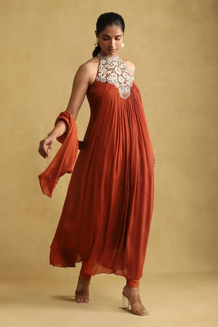 Ritu Kumar Orange 100 % Viscose Embroidered Thread Halter Floral Yoke Kurta Set