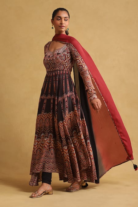 Ritu Kumar_Black Silk Embroidery Round Neck Geometric Print Anarkali Set_Online_at_Aza_Fashions