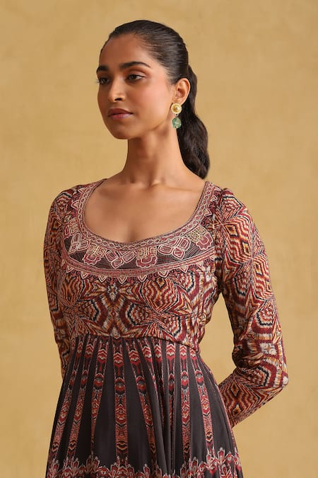 Shop_Ritu Kumar_Black Silk Embroidery Round Neck Geometric Print Anarkali Set_Online_at_Aza_Fashions