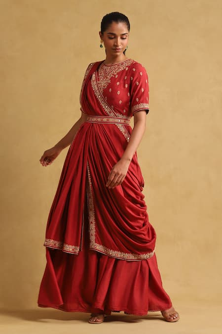Ritu Kumar Red 55% Linen Embroidered Thread Round Saree Dress Set