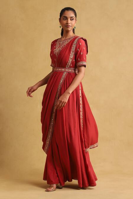 Ritu Kumar_Red Linen, Viscose Sequins, Embroidery Saree Dress Set _Online_at_Aza_Fashions