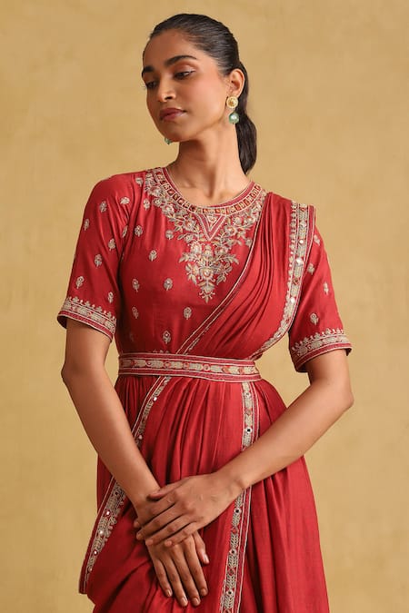 Ritu Kumar_Red Linen, Viscose Sequins, Embroidery Saree Dress Set _at_Aza_Fashions