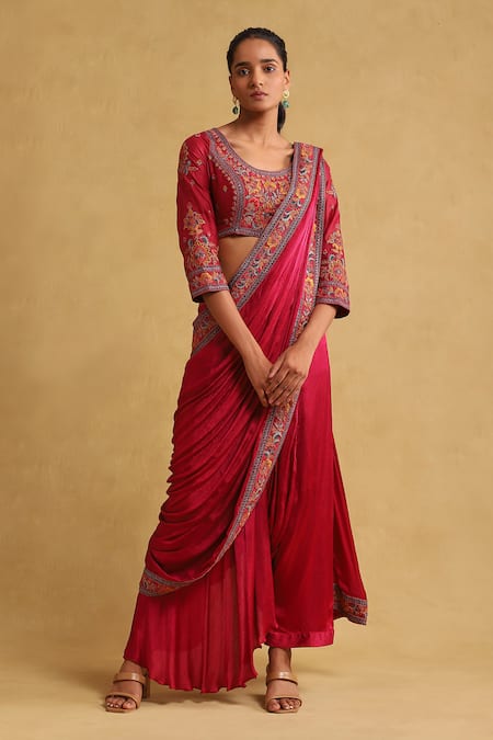 Ritu Kumar Draped Pant Saree Set With Floral Embroidered Blouse 