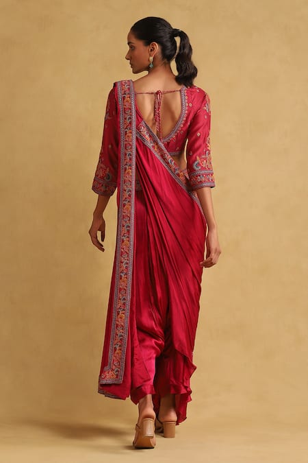 Ritu Kumar Draped Pant Saree Set With Floral Embroidered Blouse 