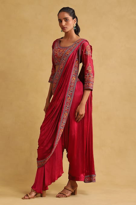 Ritu Kumar_Pink Viscose Embroidery, Crystals Draped Pant Saree Set With Floral Blouse _Online_at_Aza_Fashions