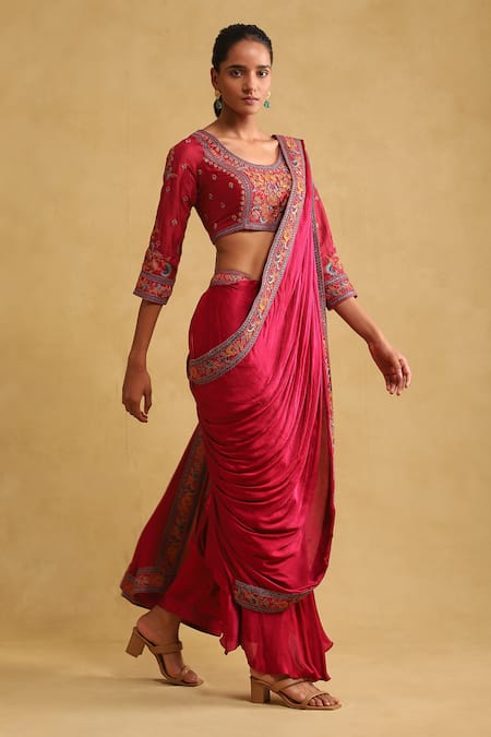 Buy_Ritu Kumar_Pink Viscose Embroidery, Crystals Draped Pant Saree Set With Floral Blouse _Online_at_Aza_Fashions