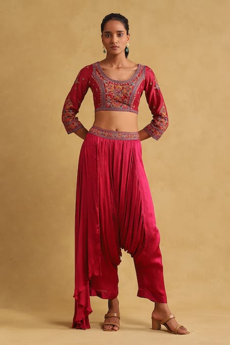 Shop_Ritu Kumar_Pink Viscose Embroidery, Crystals Draped Pant Saree Set With Floral Blouse _Online_at_Aza_Fashions