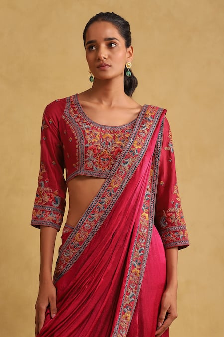 Ritu Kumar_Pink Viscose Embroidery, Crystals Draped Pant Saree Set With Floral Blouse _at_Aza_Fashions