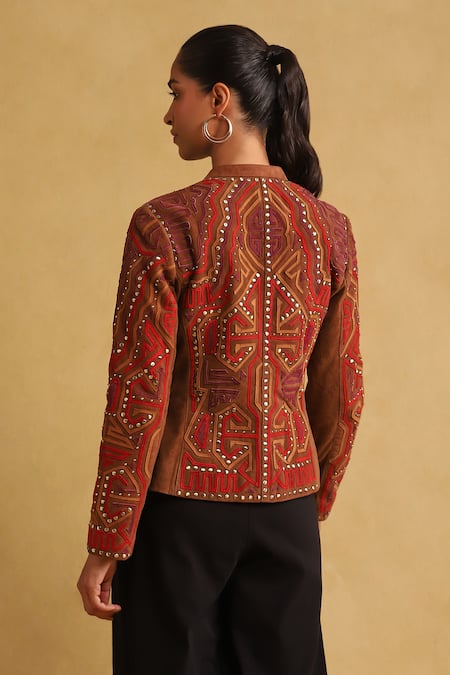 Shop Ritu Kumar Brown Leather Applique, Metallic Thread Round Neck Jacket at Aza Fashions Shop_Ritu Kumar_Brown Leather Applique, Metallic Thread Round Neck Jacket_at_Aza_Fashions