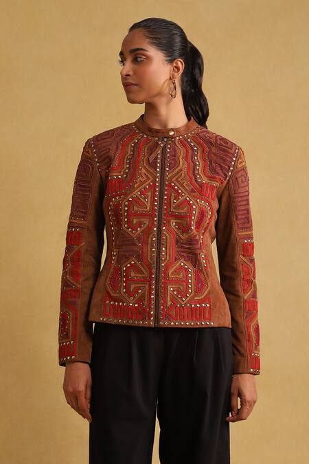 Ritu Kumar Brown Leather Applique, Metallic Thread Round Neck Jacket Online at Aza Fashions Ritu Kumar_Brown Leather Applique, Metallic Thread Round Neck Jacket_Online_at_Aza_Fashions