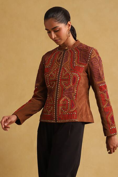 Buy Ritu Kumar Brown Leather Applique, Metallic Thread Round Neck Jacket Online at Aza Fashions Buy_Ritu Kumar_Brown Leather Applique, Metallic Thread Round Neck Jacket_Online_at_Aza_Fashions