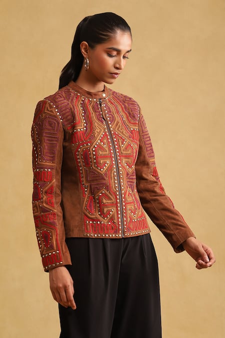 Shop Ritu Kumar Brown Leather Applique, Metallic Thread Round Neck Jacket Online at Aza Fashions Shop_Ritu Kumar_Brown Leather Applique, Metallic Thread Round Neck Jacket_Online_at_Aza_Fashions