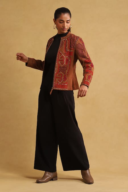 Ritu Kumar Brown Leather Applique, Metallic Thread Round Neck Jacket at Aza Fashions Ritu Kumar_Brown Leather Applique, Metallic Thread Round Neck Jacket_at_Aza_Fashions
