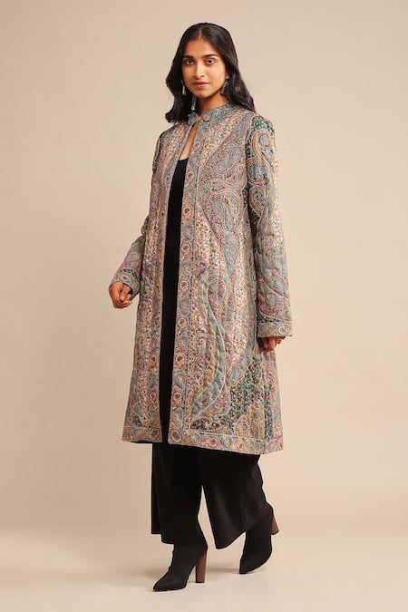 Ritu Kumar_Green Wool Embroidery Paisley Print Coat _Online_at_Aza_Fashions