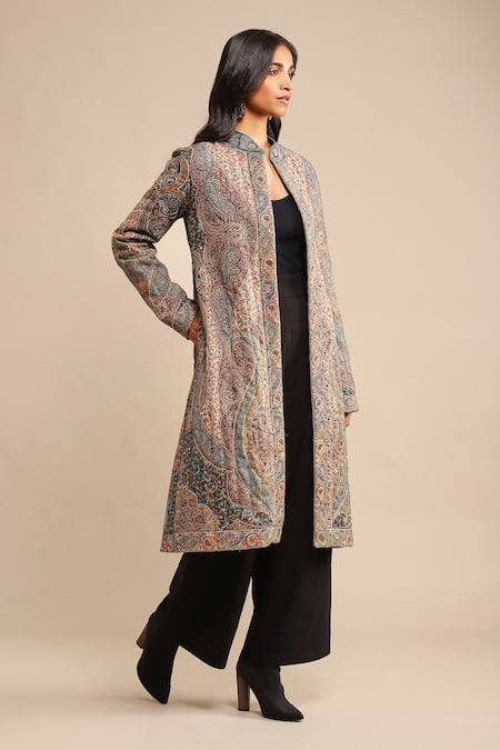 Buy_Ritu Kumar_Green Wool Embroidery Paisley Print Coat _Online_at_Aza_Fashions