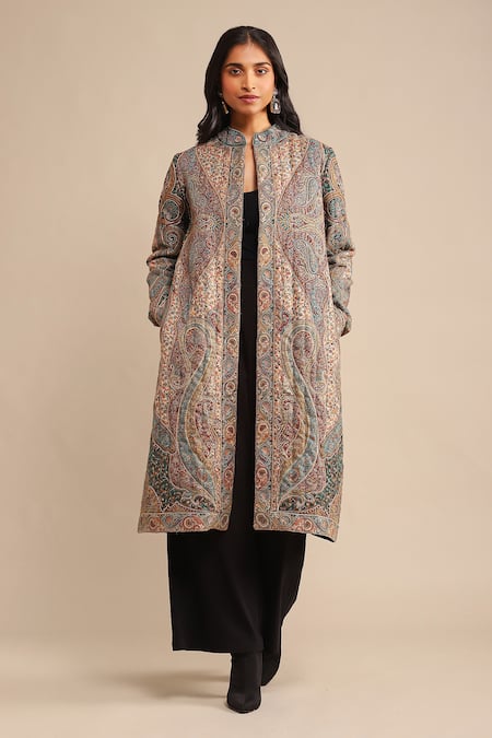 Shop_Ritu Kumar_Green Wool Embroidery Paisley Print Coat _Online_at_Aza_Fashions