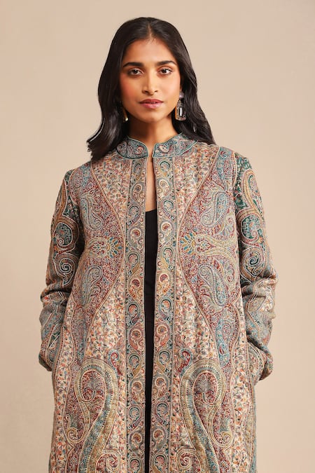 Ritu Kumar_Green Wool Embroidery Paisley Print Coat _at_Aza_Fashions