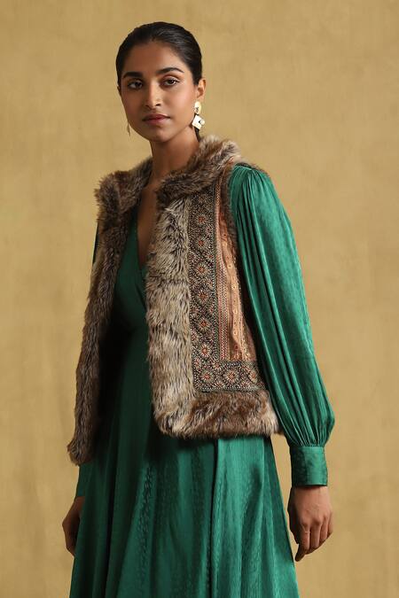 Ritu Kumar_Black Polyester Embroidery Open Neck Suede Jacket_Online_at_Aza_Fashions