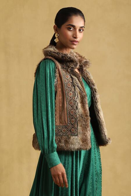 Buy_Ritu Kumar_Black Polyester Embroidery Open Neck Suede Jacket_Online_at_Aza_Fashions