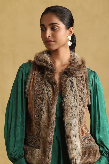 Shop_Ritu Kumar_Black Polyester Embroidery Open Neck Suede Jacket_Online_at_Aza_Fashions